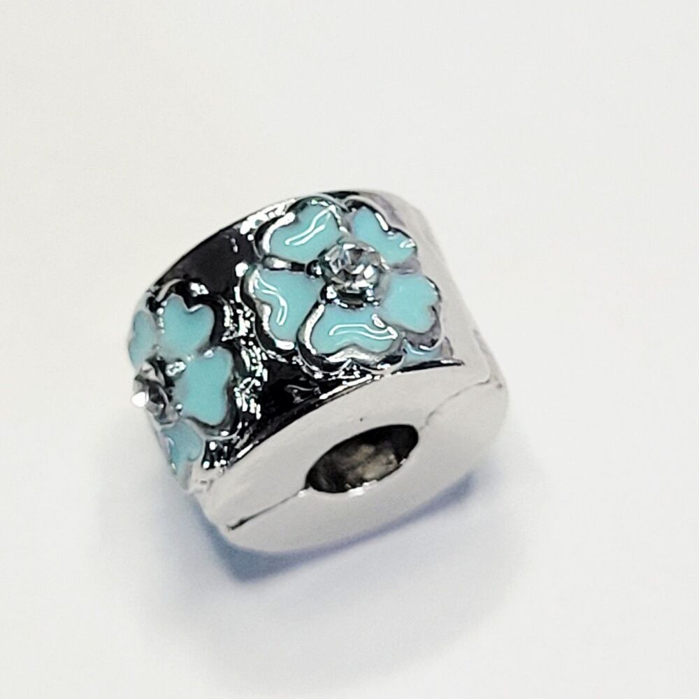 NWT For Pandora Bracelet Silver and Turquoise Blue Hibiscus Flower Clip Charm